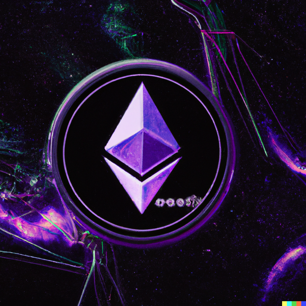 ethereum connecting together with chains in space, digital art, use black, blue and purple