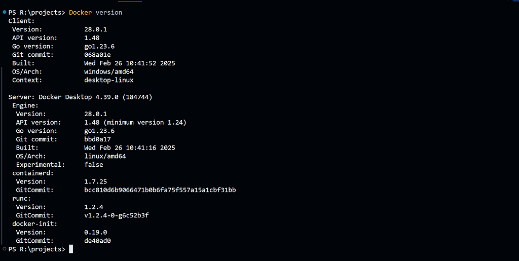 Output of the docker version command showing Docker Client and Docker Daemon details.