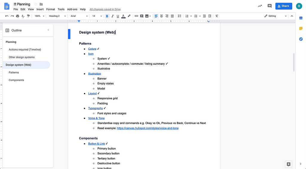 Organising patterns and components on Google Docs