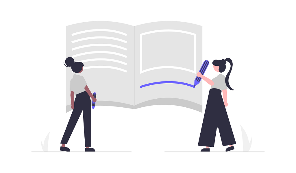 illustration of two people standing in front of a giant notebook, both holding pencils
