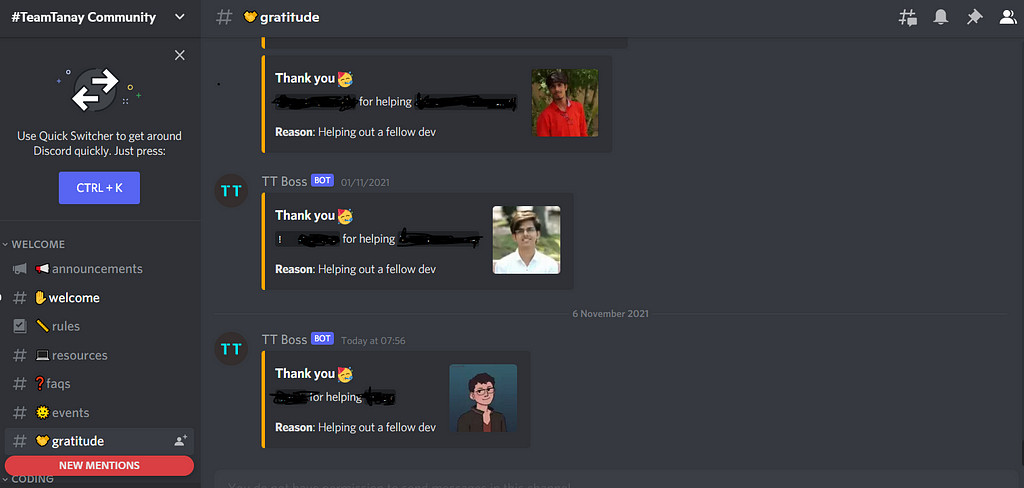Snap from the gratitude discord server of Team Tanay community