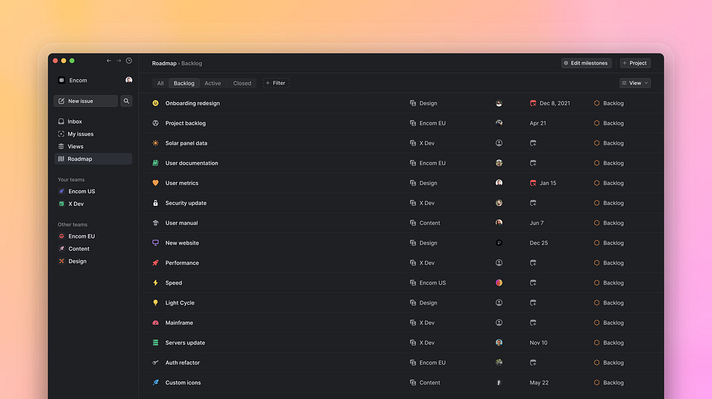 A screenshot of the Linear product management platform, showing the sleek, clean interface.