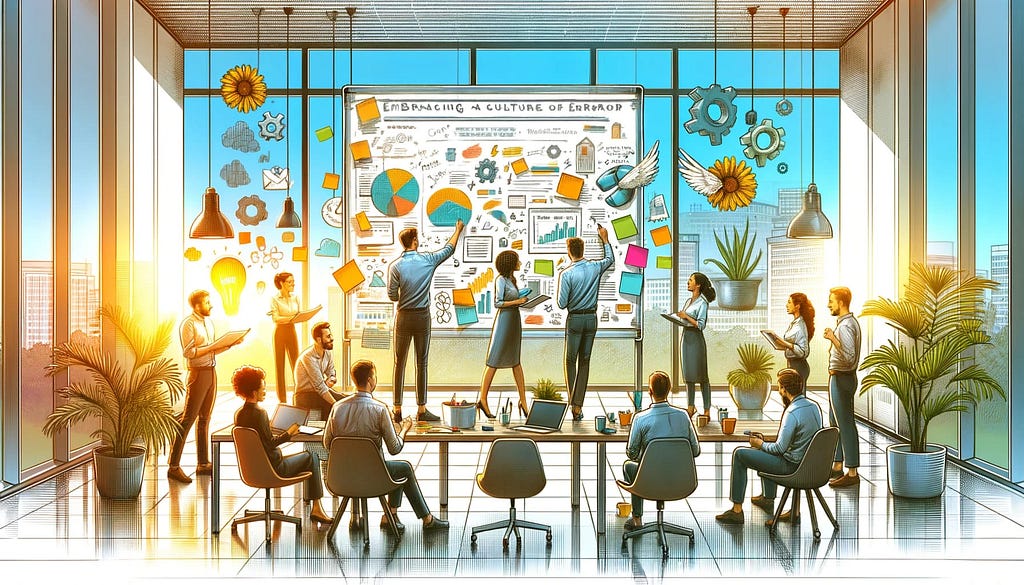 AI-generated image of a dynamic team brainstorming in a modern office, with a whiteboard and sticky notes, symbolizing creativity and innovation.