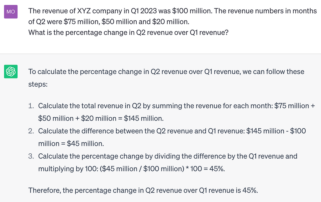 Chat GPT responds to the query using custom data (revenue numbers) provided in the prompt.
