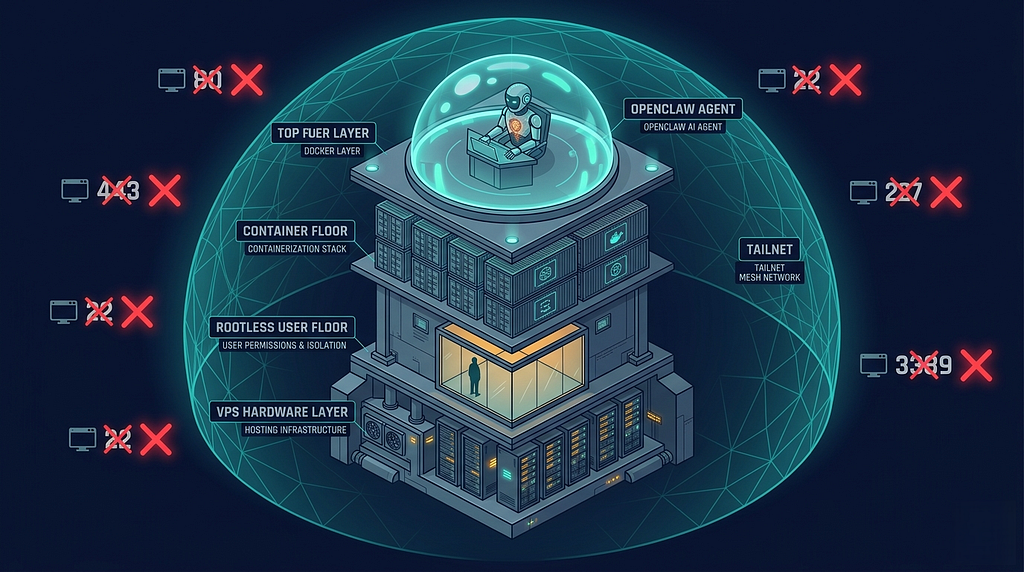 Architecture diagram of the zero-trust setup showing the laptop, Tailscale mesh, hardened VPS, UFW firewall, and OpenClaw sandbox