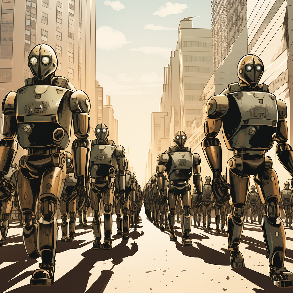 An illustration of an army of robots marching down a city street.