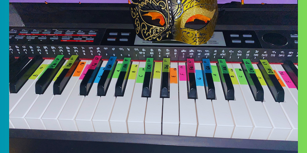 The image of a white and black medeli piano that belongs to the author with colorful sticky notes indicating all of the keys. The author’s signature mask is also sitting on top of the piano with gold and black accents.