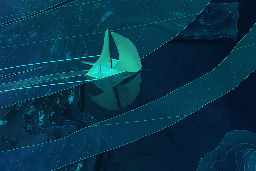 A detailed still of the boat, lit from within, sailing through the surface texture of the ocean.