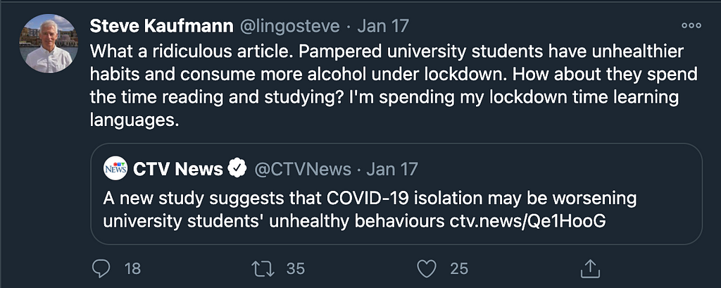 Steve mocks university students who developed mental health issues and tells them to pick up a book instead
