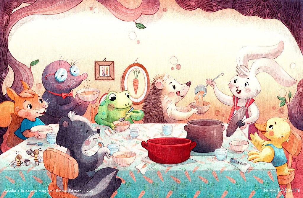 a bunny laddles soup for a hedgehog holding a bowl, a squirrel, skink, mole, frog, and chick sit around a table with them by Teresa Alberini
