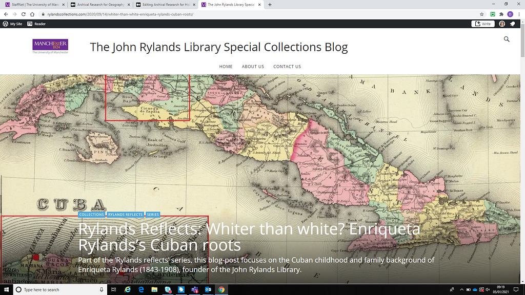 An image from the Rylands Reflects blog which explores Enriquetta Rylands’s Cuban roots. The image features a 19th century map which highlights the Matanzas region where Enriquetta was born.