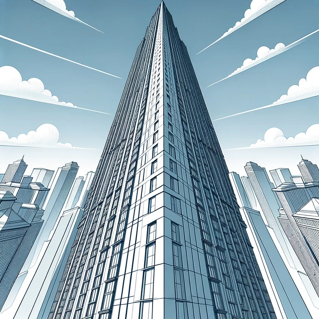 Here is an illustration showcasing a three-point perspective. This image depicts a tall skyscraper seen from a low angle, emphasizing the concept of three-point perspective with two vanishing points on the horizon and a third above. The dramatic angle and alignment of the surrounding buildings with the three vanishing points illustrate the depth and scale effect characteristic of this perspective technique.