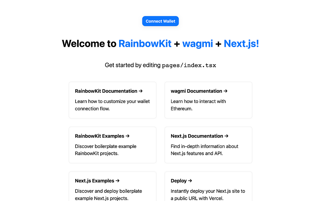 The RainbowKit 🌈 example starter page.