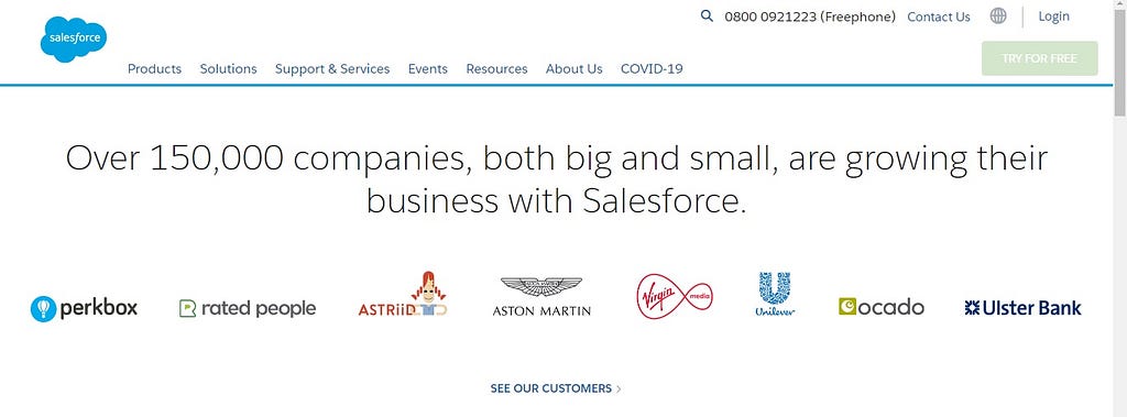 Salesforce website landing page having a testimonial section that shows companies Salesforce have worked with