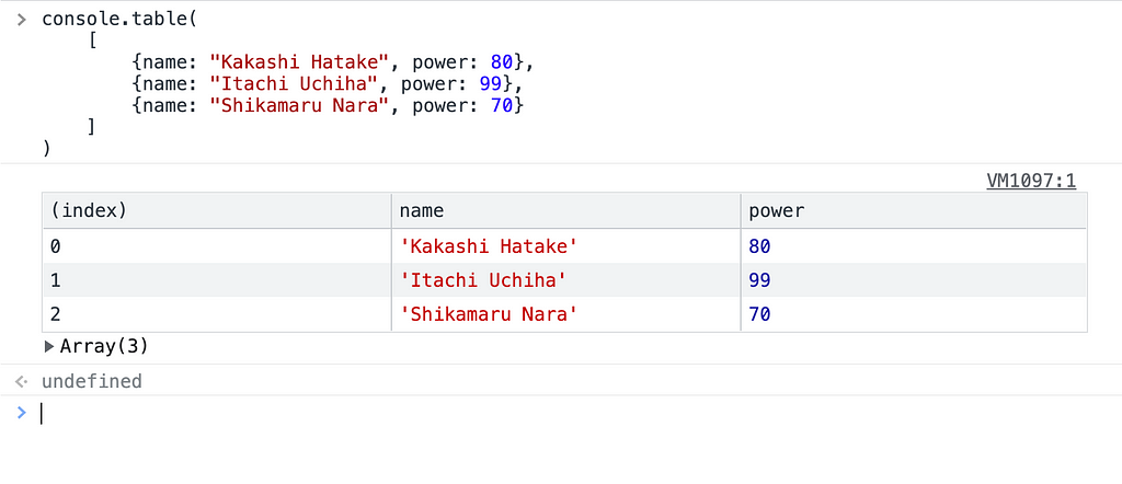 console.table([object 1, … , object n])