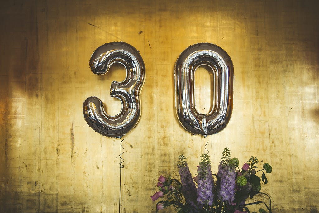 the number 30 in gold foil balloons against a yellow wall