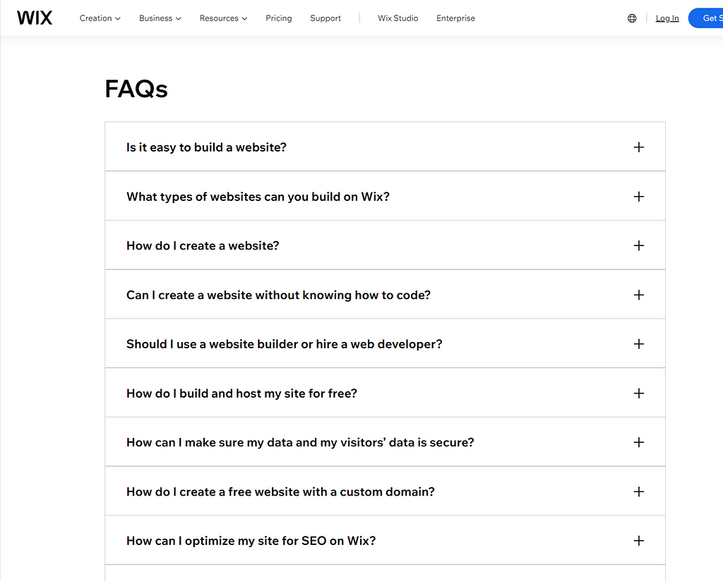 FAQs section of WIX website