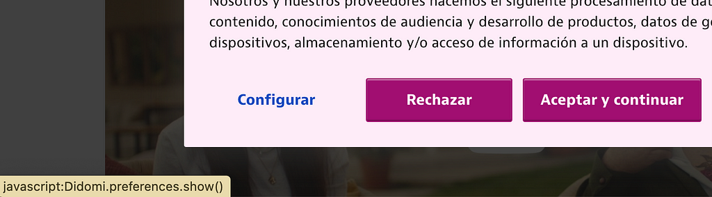 Extracto del modal de política de cookies y dirección de enlace ubicado en la barra de estado del navegador web