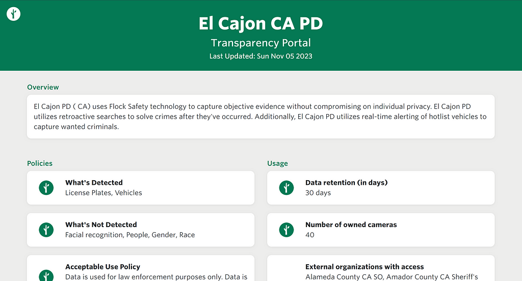 El Cajon CA PD  Transparency Portal  Last Updated: Sun Nov 05 2023  Overview  El Cajon PD ( CA) uses Flock Safety technology to capture objective evidence without compromising on individual privacy. El Cajon PD utilizes retroactive searches to solve crimes after they’ve occurred. Additionally, El Cajon PD utilizes real-time alerting of hotlist vehicles to capture wanted criminals. Policies
 What’s Detected
 License Plates, Vehicles
 What’s Not Detected
 Facial recognition…