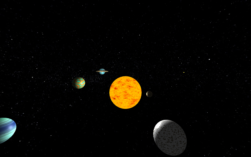 Image of product. A space like scene which includes a sun like star, shooting star, and 5 orbiting planets.