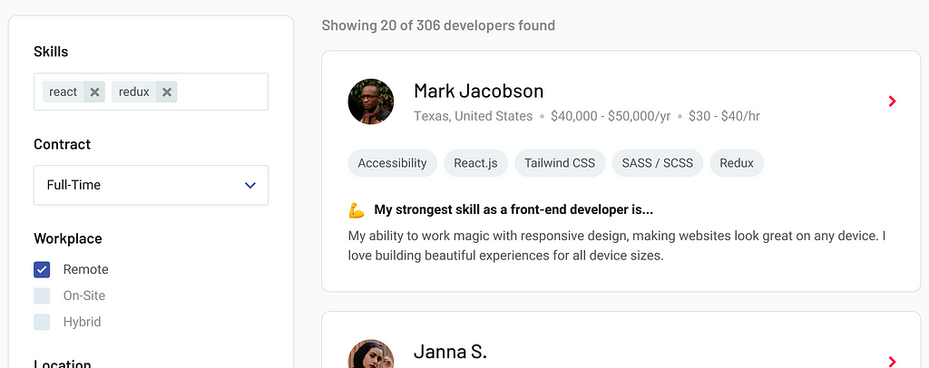 Screenshot of the Talent Search preview cards on the Frontend Mentor Hiring platform showing how the featured insight appears inside the preview card for each developer in the search results.
