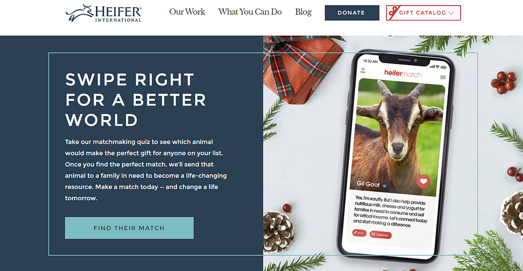 Screenshot of Heifer International’s homepage that encourages you to give the gift of a goat.