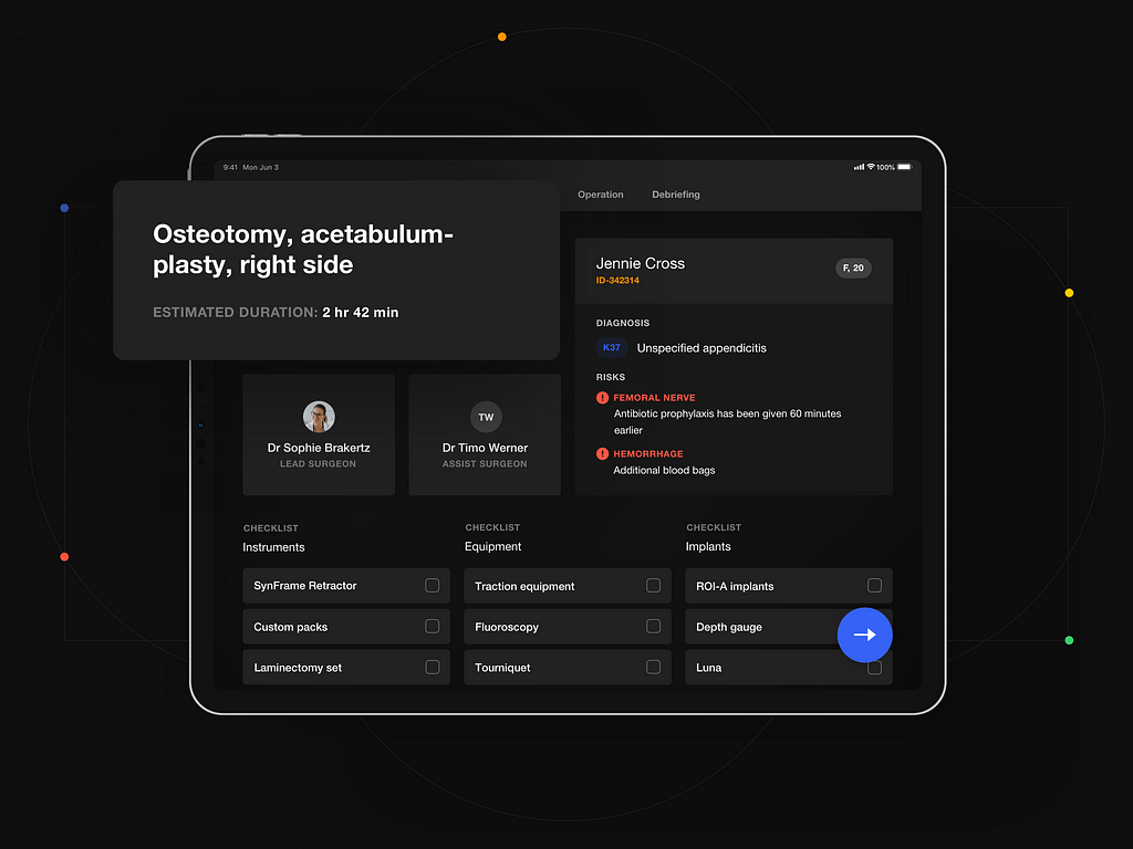 Mockup of a screen from the iPad application in dark mode.