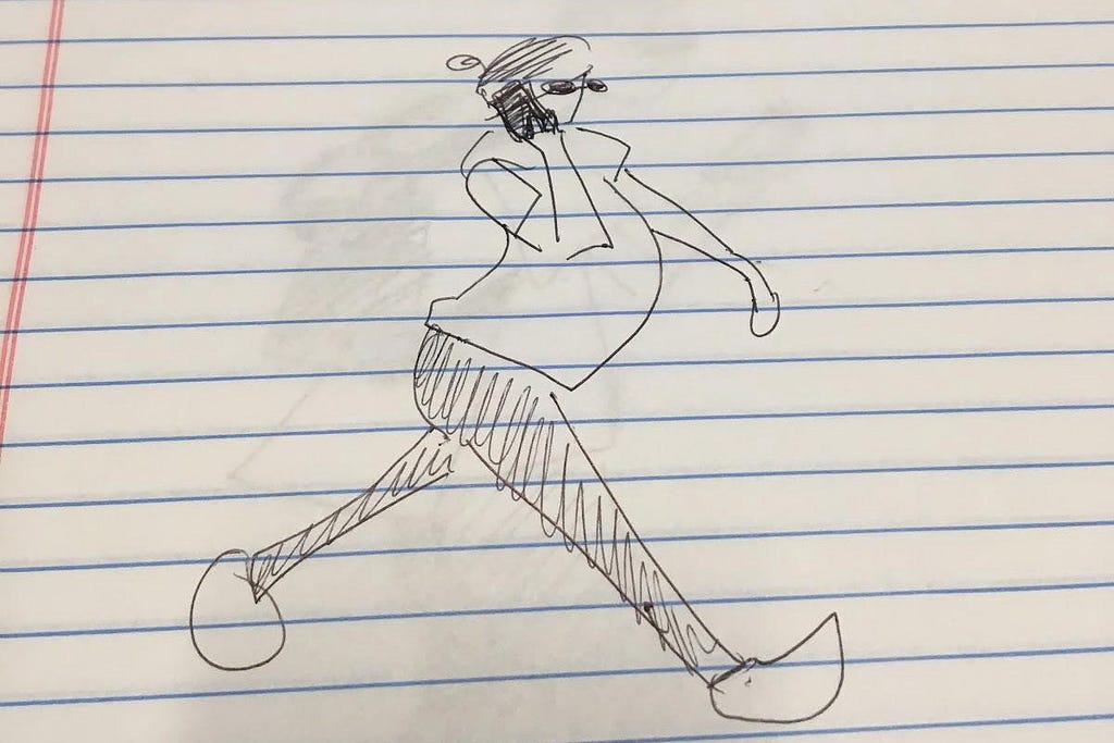 Pen sketch of a person walking while talking on a cell phone