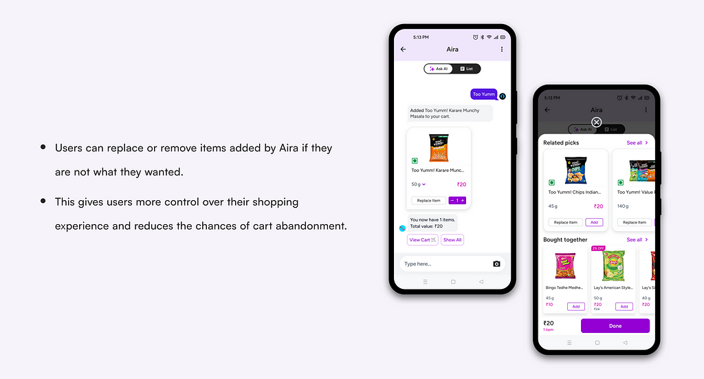 Image of a mockup showing how users can replace items added by Aira, a personalized shopping assistant. The image includes the following text:
 
 Users can replace or remove items added by Aira if they are not what they wanted.
 
 This gives users more control over their shopping experience and reduces the chances of cart abandonment.