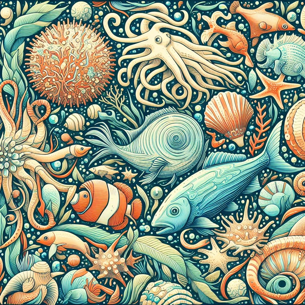 This image is a vibrant and detailed illustration of various sea creatures and underwater elements, intricately intertwined. The artwork features a diverse array of marine life including an octopus, fish, coral, seashells, and starfish. The color palette is rich with blues, oranges, and greens creating a lively and dynamic visual experience.