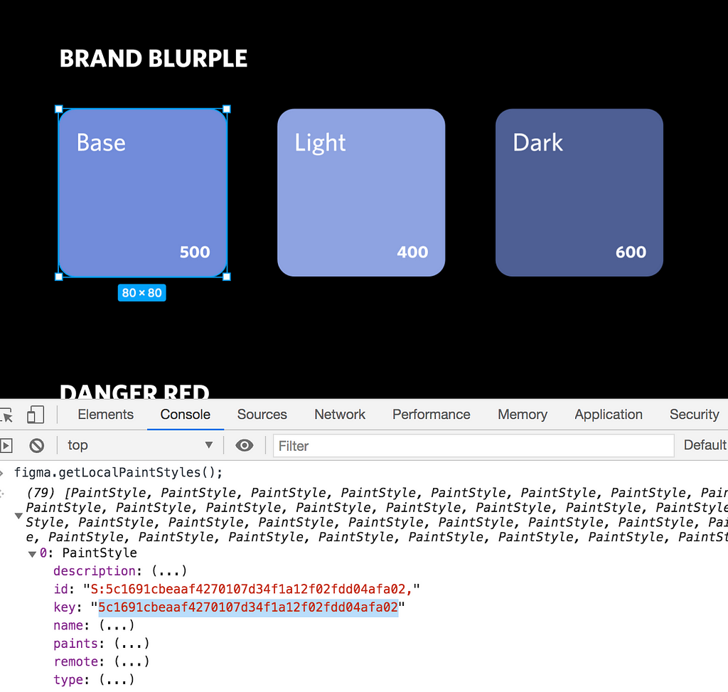 The google developer tools open with a function called figma.getLocalStyles(); written in the console so that the user can return information about the color they have selected in the Figma canvas.