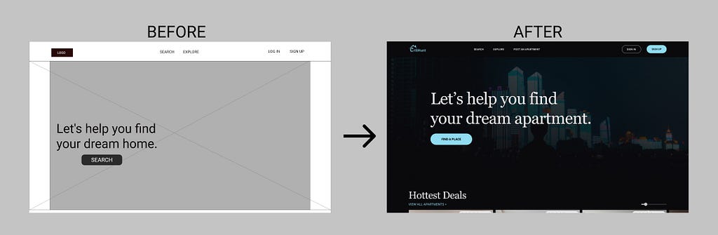 A before and after image of the homescreen. The header text was changed from "Let's help you find your dream home” to “Let’s help you find your dream apartment”.
