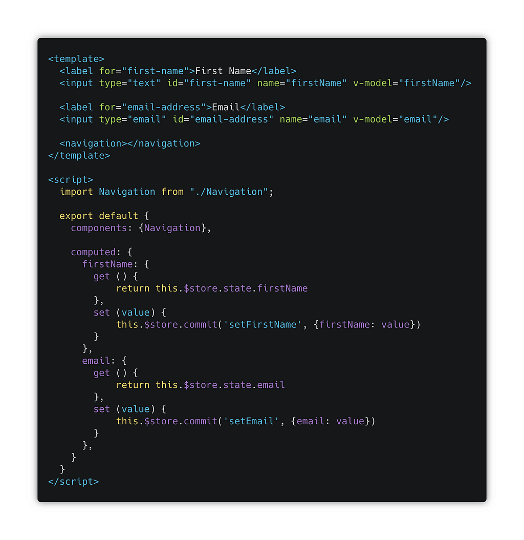 Code for FirstStep.vue with the Navigation component included.