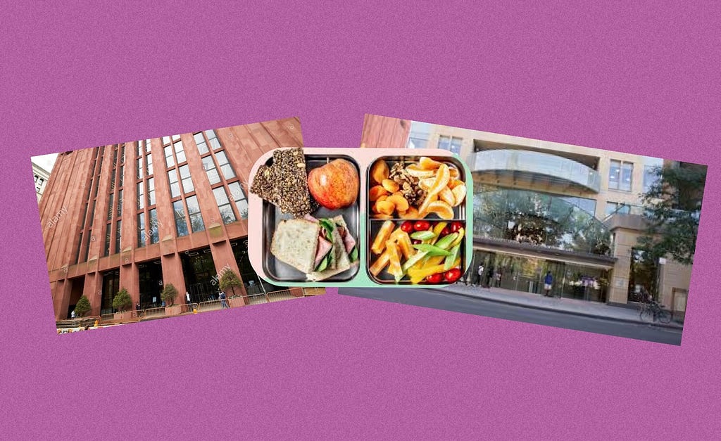 A collage of Bobst Library, a packed lunch in an organized container, and Kimmel Center for Student Life over a purple background.