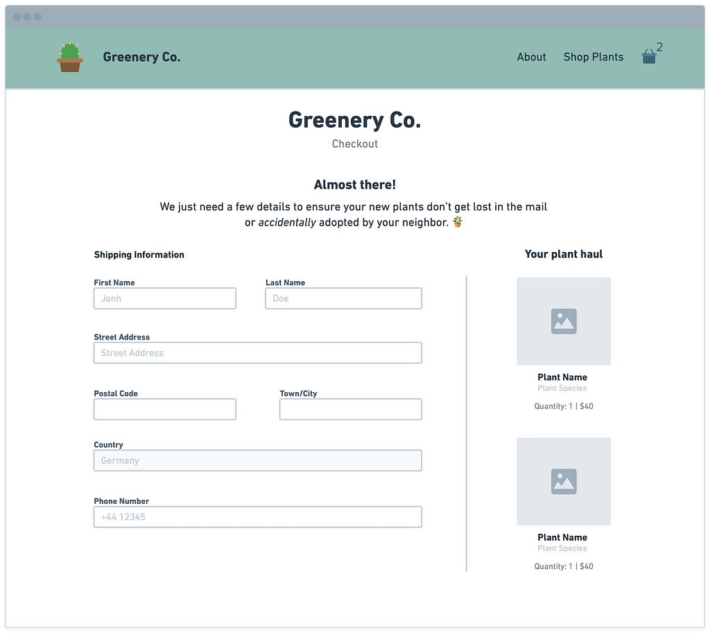 A wireframe that represents the desktop version of the simple website we’ll build (called “Greenery Co.”).