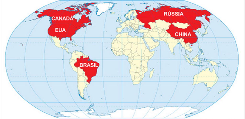 mapa mundi destacando em vermelho os maiores países do mundo: Canadá, EUA, Brasil, Rússia e China