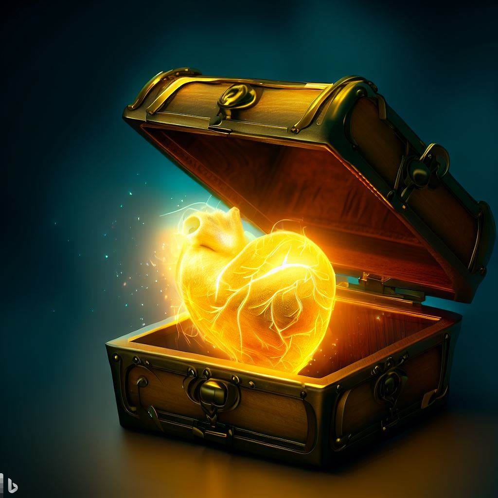 A treasure chest containing a glowing gold heart