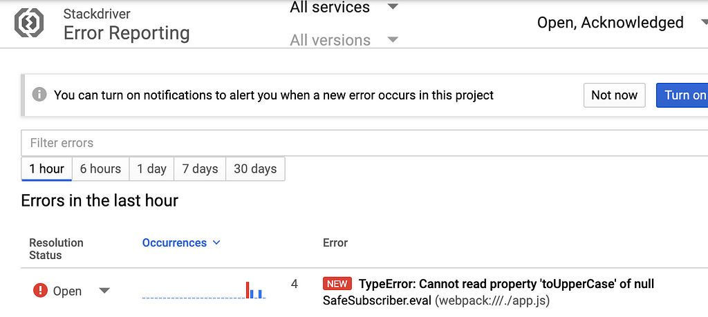 Browser errors shown in the Stackdriver Error Reporting user interface