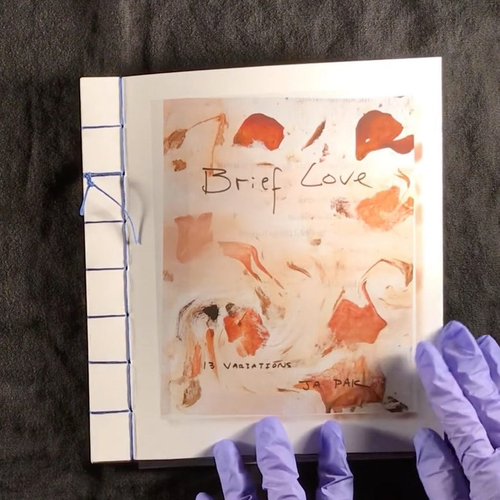 Snapshot from video, cover of Brief Love: artwork of swirling leaves with title and author.