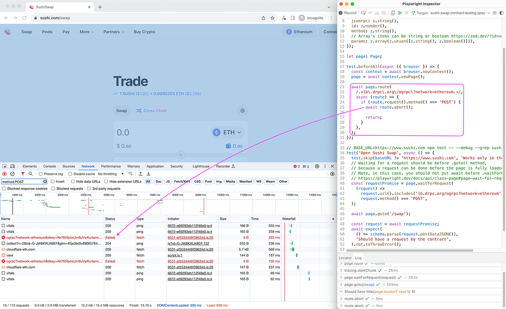 How route.abort() works in Playwright Inspector