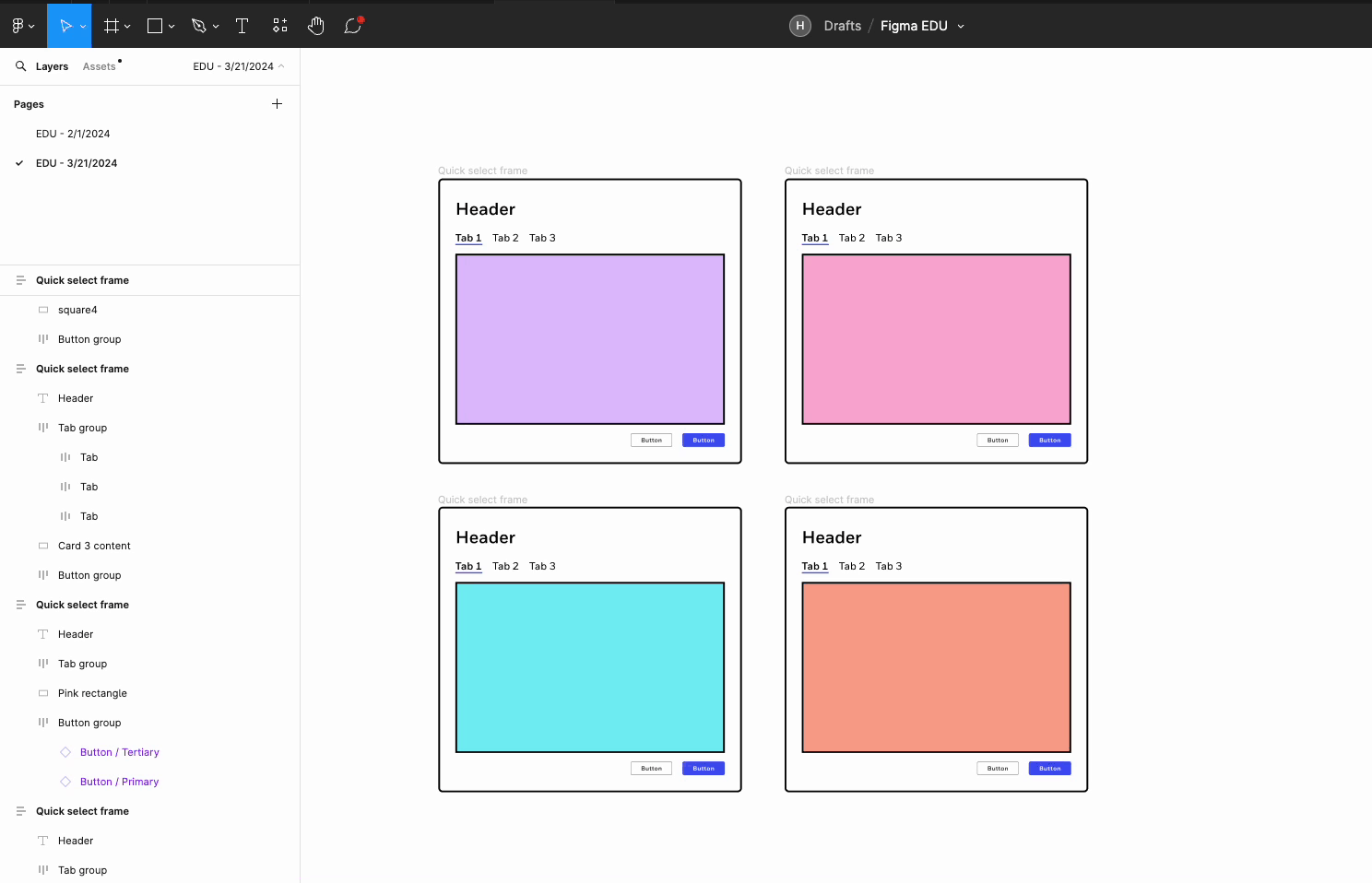 Shows how to select layers in the Figma canvas to right click to pull up the menu to click ‘Rename’, this pulls up the Rename menu to rename the layers that were selected