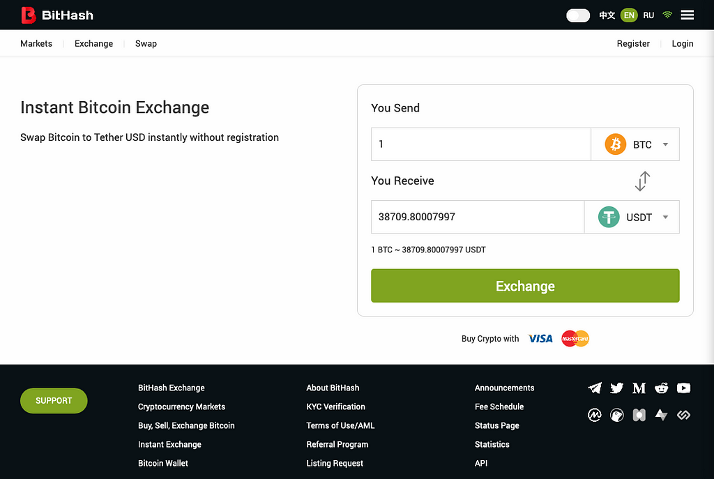 BitHash Bitcoin to Tether Instant Exchange