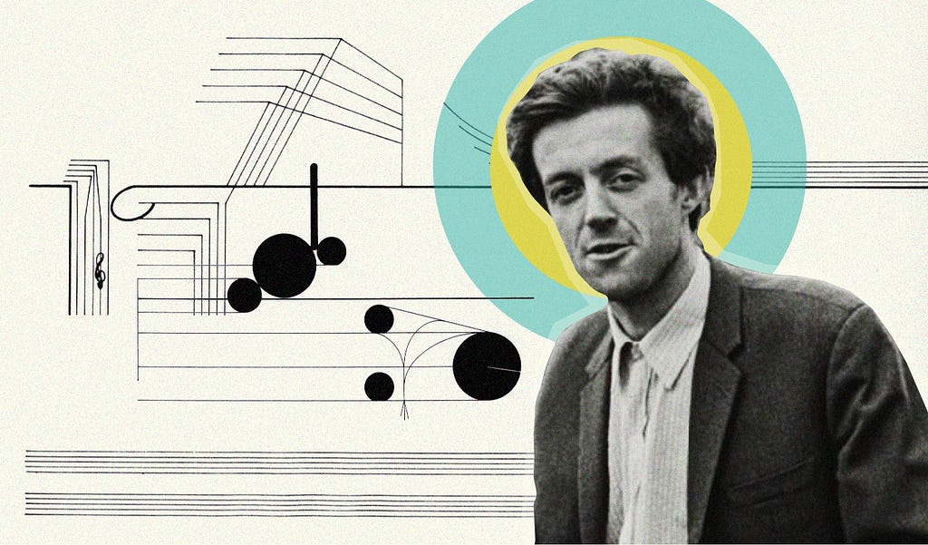Cardew against a backdrop of his Treatise score
