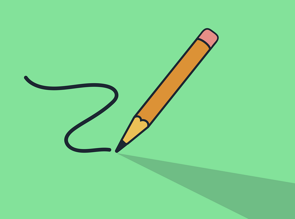 A cartoon pencil floating on a green background having just drawn a curving line.