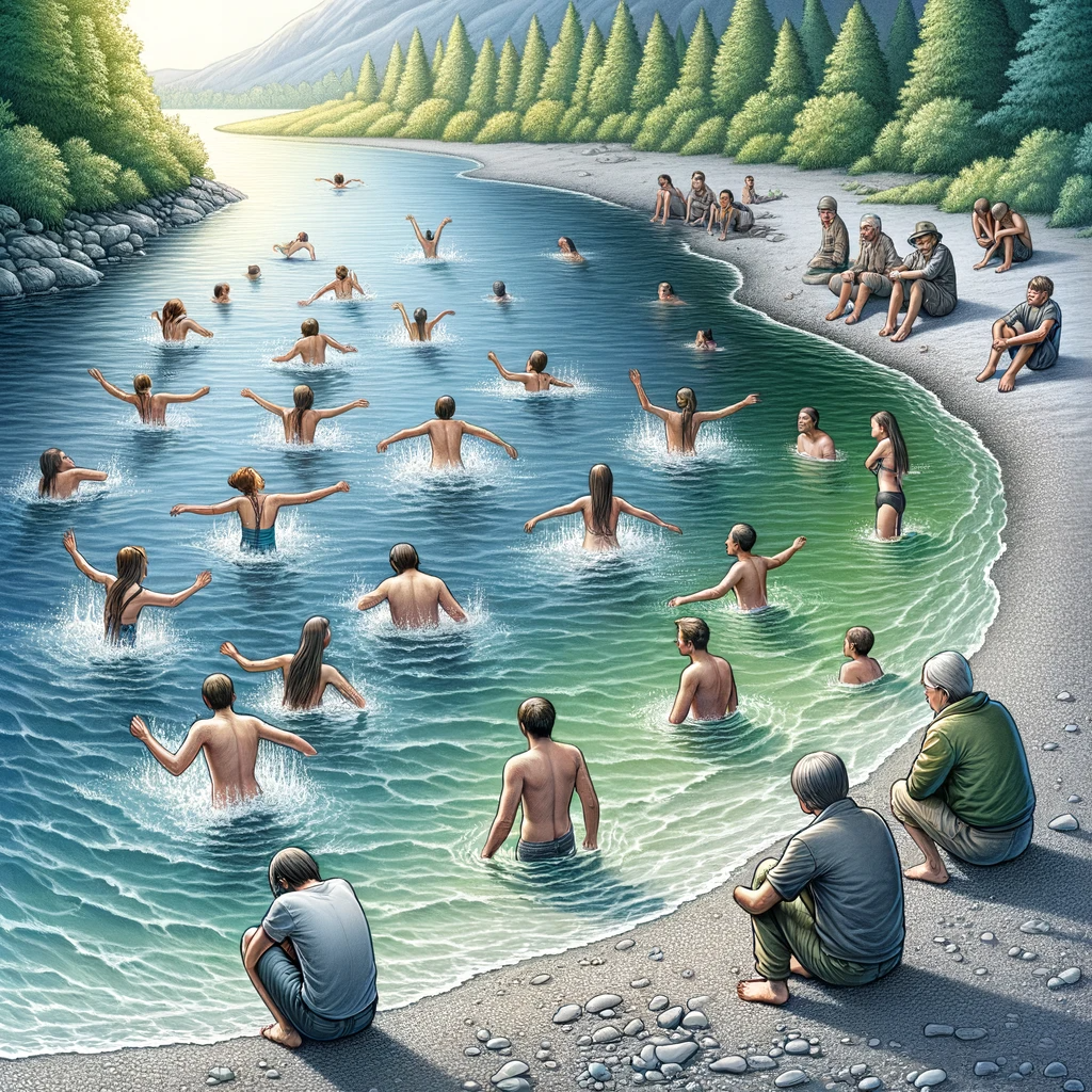 People at various stages of getting into a cold lake. Some are sitting on the shore, other are half-way in and some are swimming.