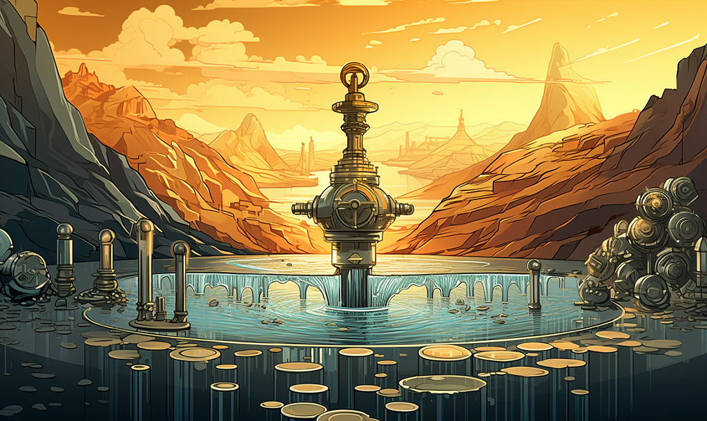 Art illustration — pond with a faucet, tapping out crypto