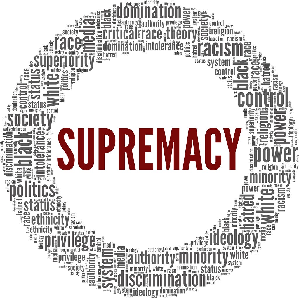 The word supremacy is in the center of a circle / word clous with issues like politics, society, ethnicity, privilege, ideology, control, power, black, white, superiority, status, system