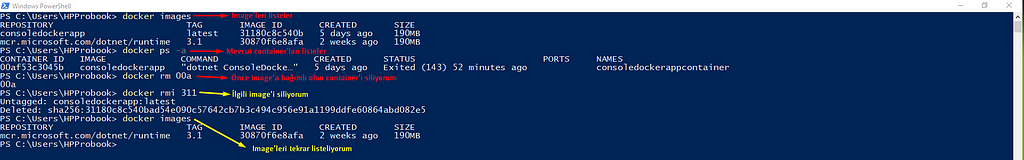 docker komutları ile image ve container silmek