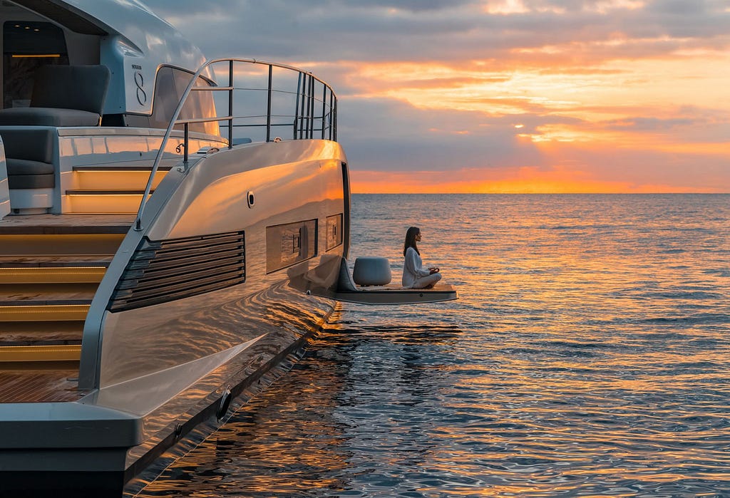 Sunset meditating on the private yacht, sunset time