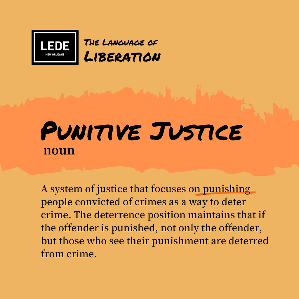 Definition graphic in an orange-yellow color scheme with the definition of punitive justice, or theidea that “the utilization of punishment is justified in terms of deterrence, retribution, or incapacitation. The deterrence position maintains that if the offender is punished, not only the offender but also those who see his example are deterred from further offenses.”
